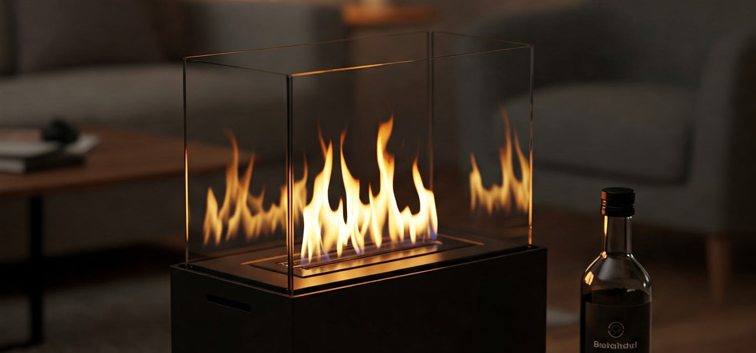 A bioethanol fireplace burning in a living room.