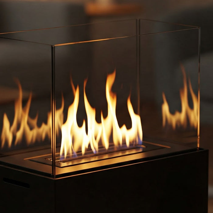 A bioethanol fireplace burning in a living room.
