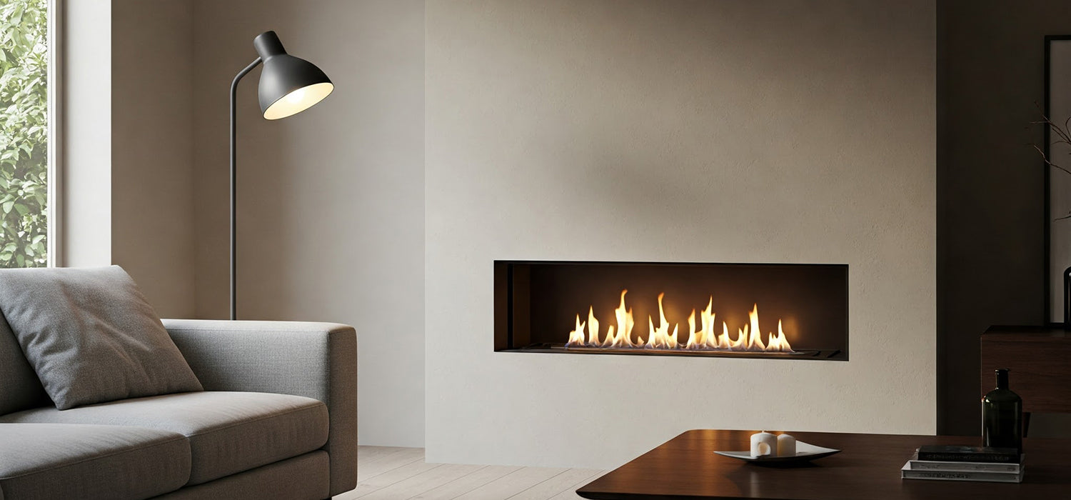 Built-in fireplace, modern living room.