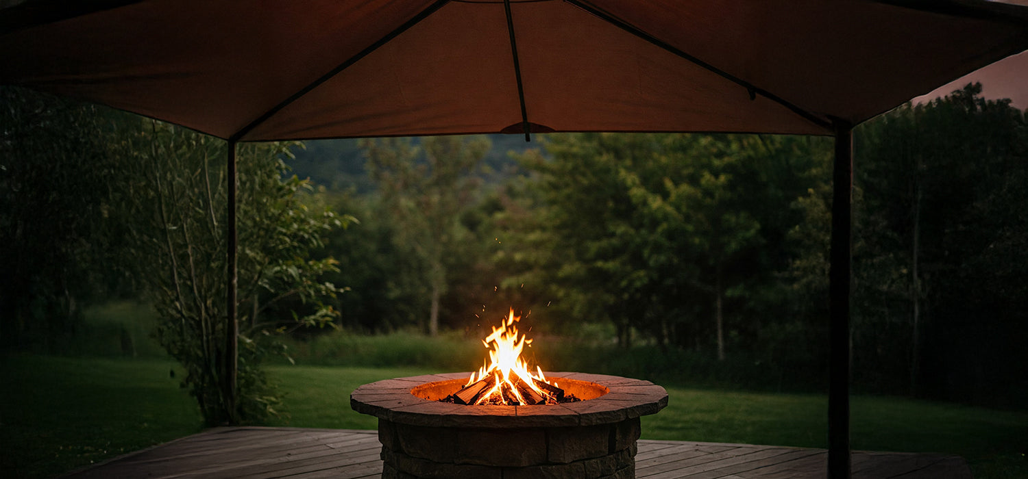 Fire pit under awning