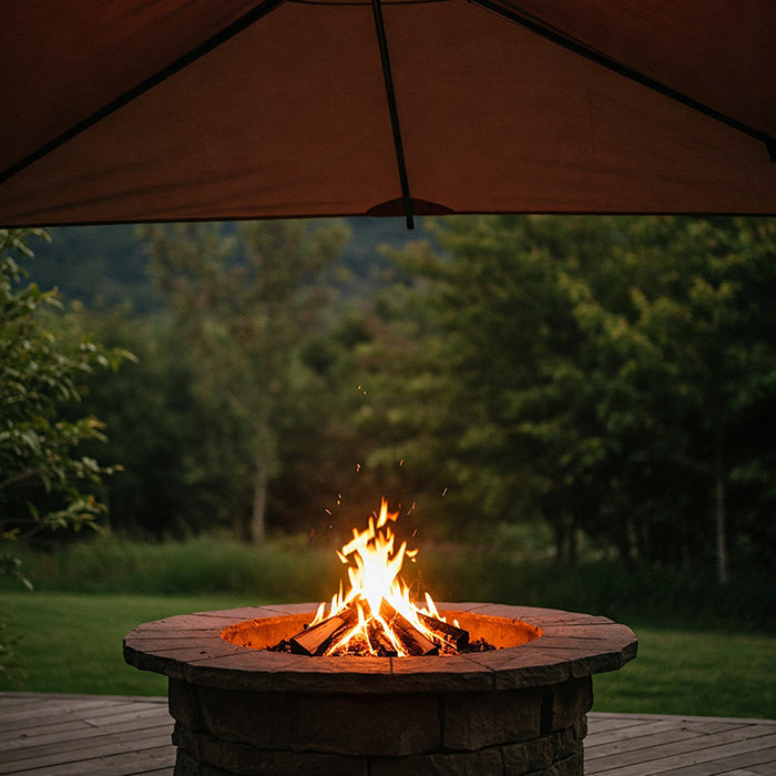 Fire pit under awning