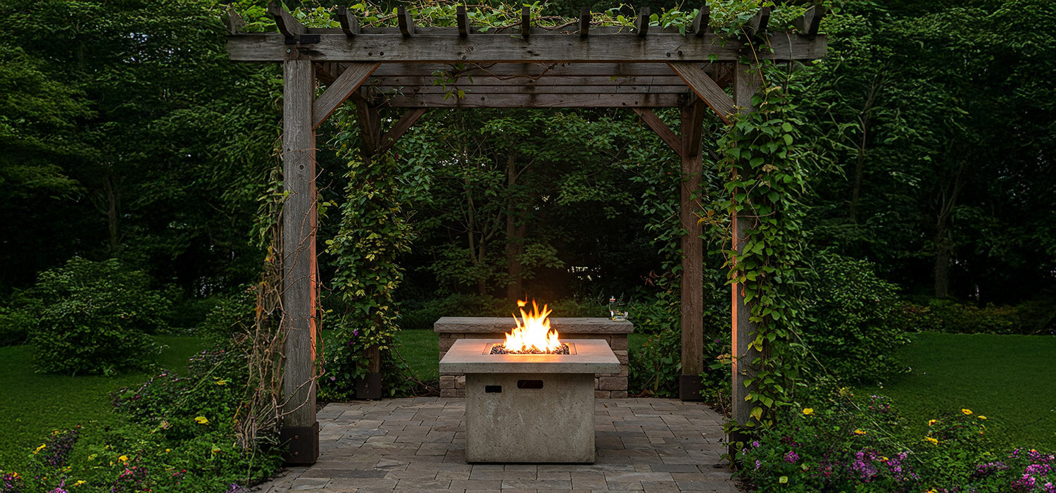 Flaming fire pit under pergola