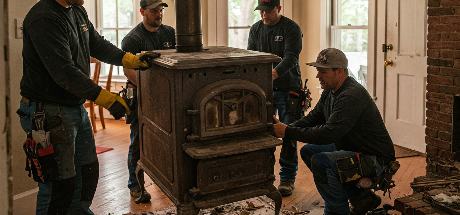 Four workers removing wood stove.