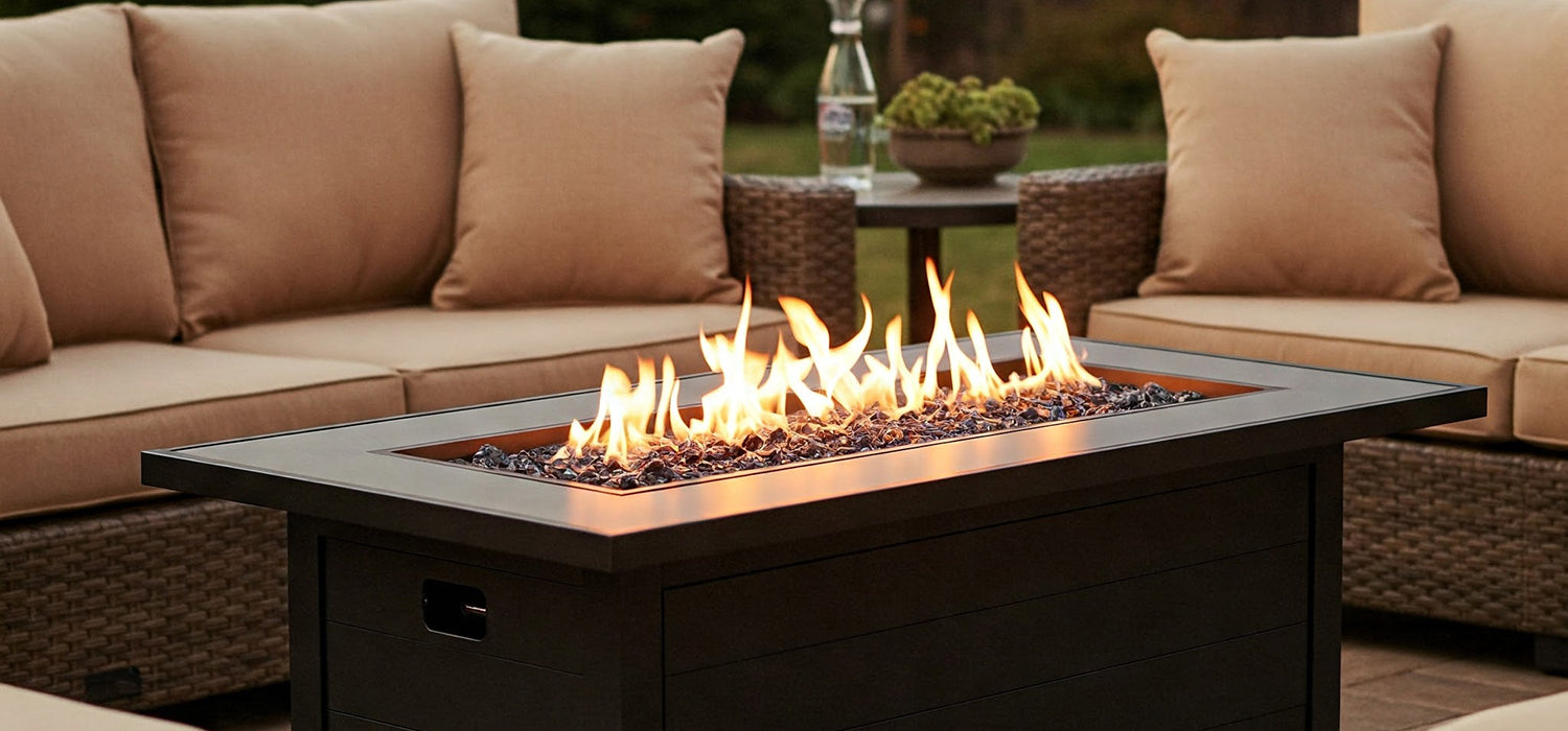 Gas fire pit table burning.
