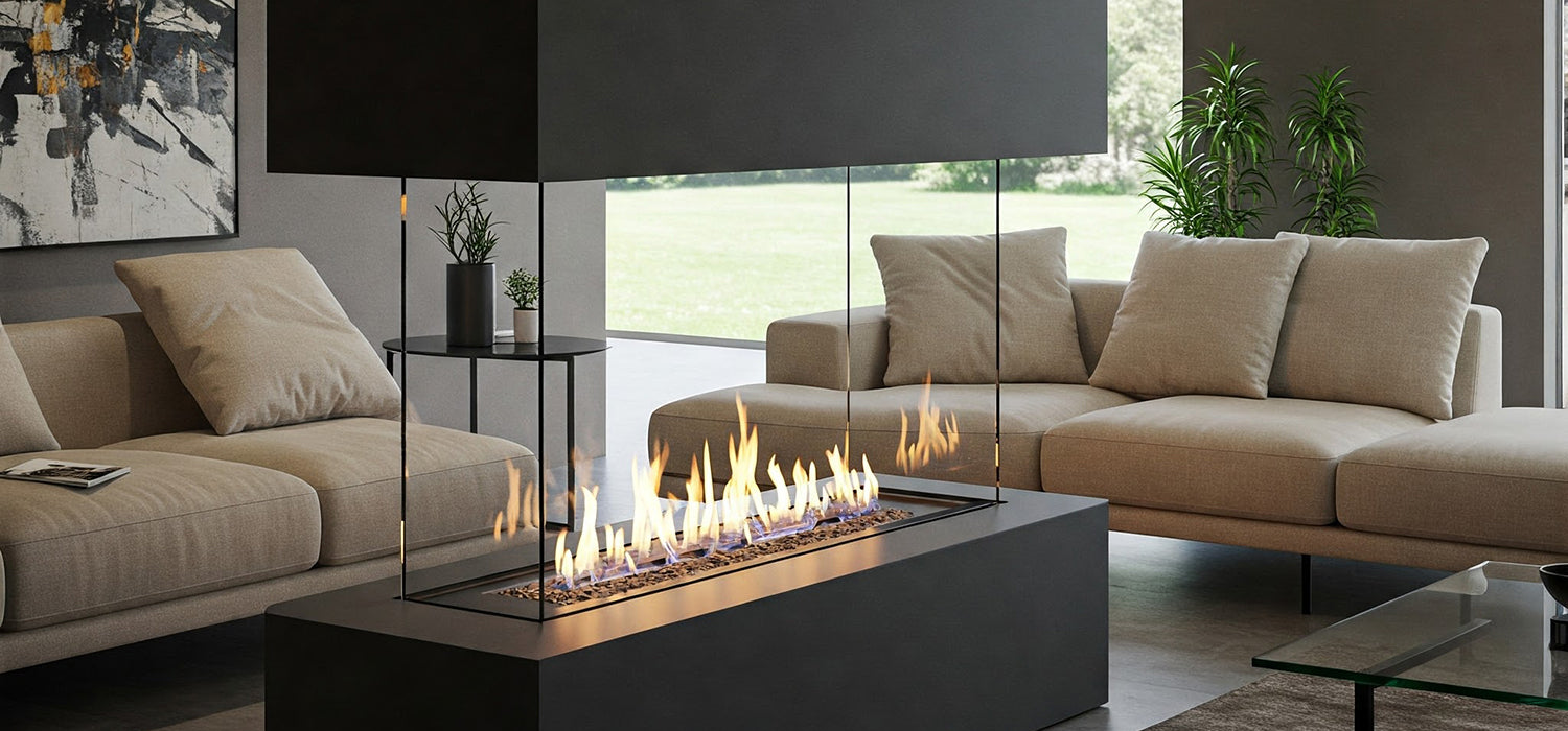 Hanging fireplace, modern living room.