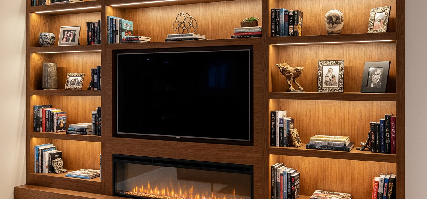 Media Wall Bookcase with a media wall fire