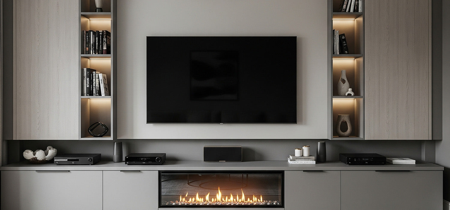 Media Wall with Cabinet with a media wall fire