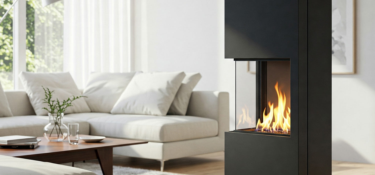 Modern black fireplace, bright room.