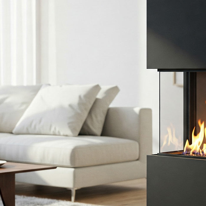 Modern black fireplace, bright room.