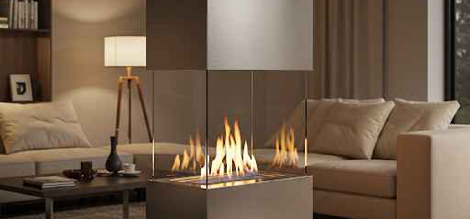 Modern fireplace, cozy living room.