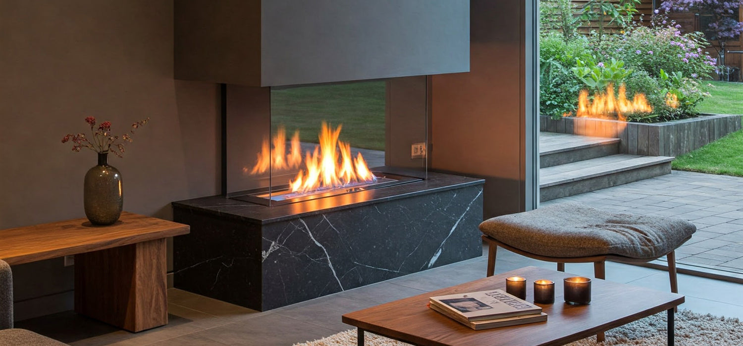 Modern fireplace, living room interior.