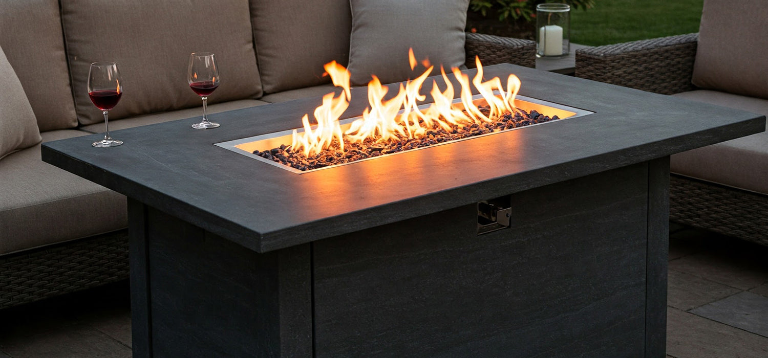 Rectangular fire table with flames.