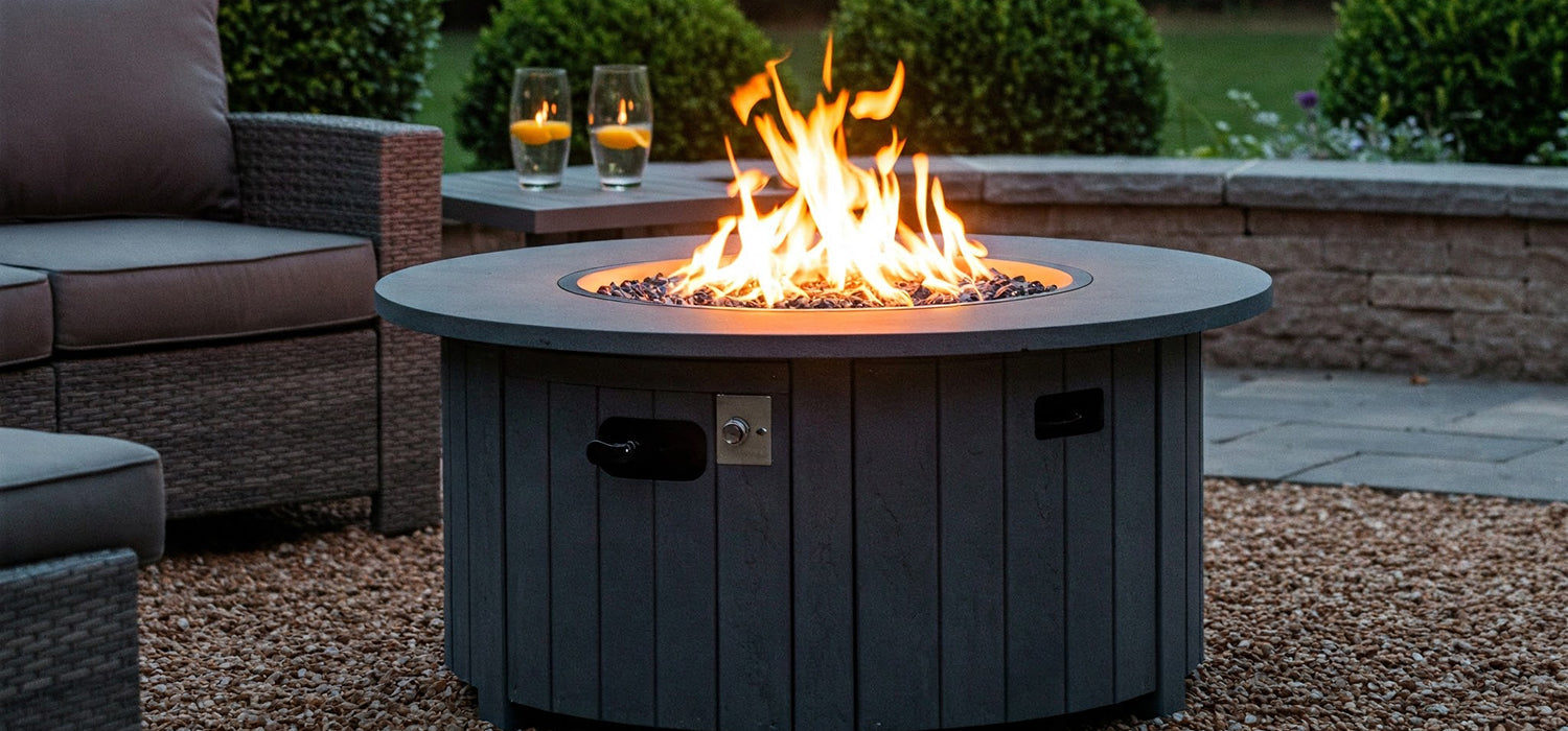 Round gas fire pit burning.