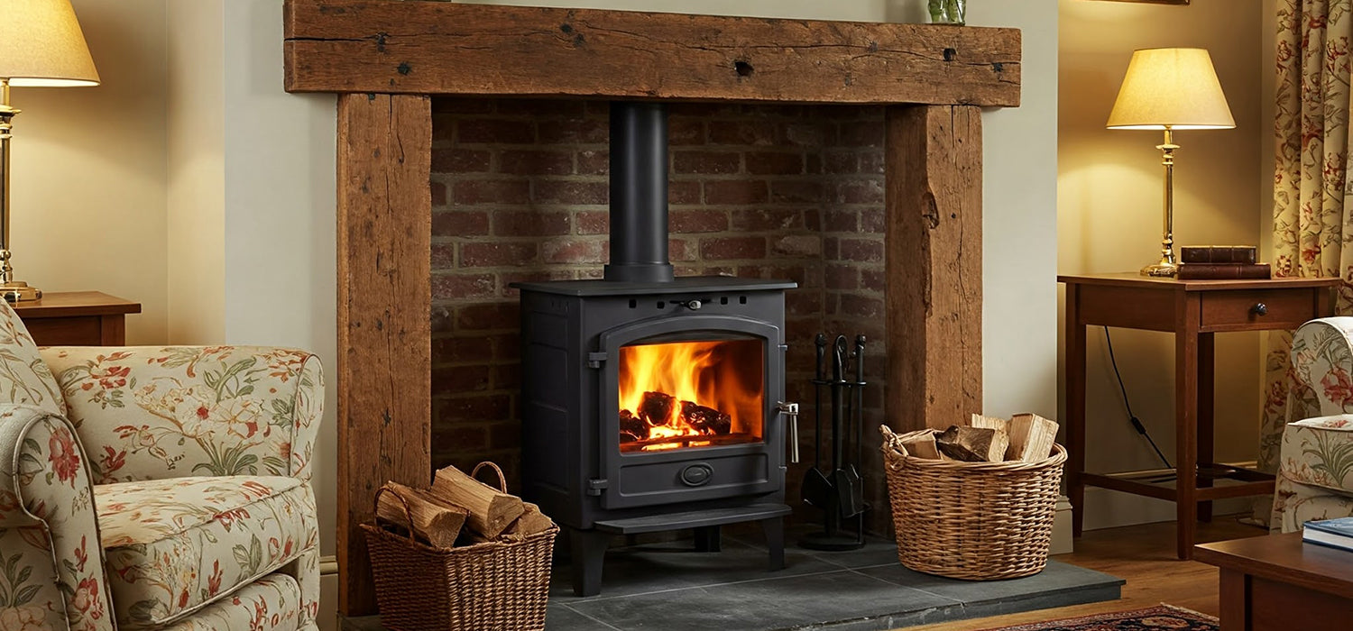 warm log burner under chimney