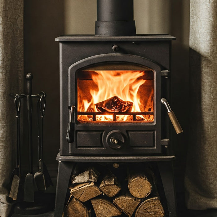 log burner near curtains