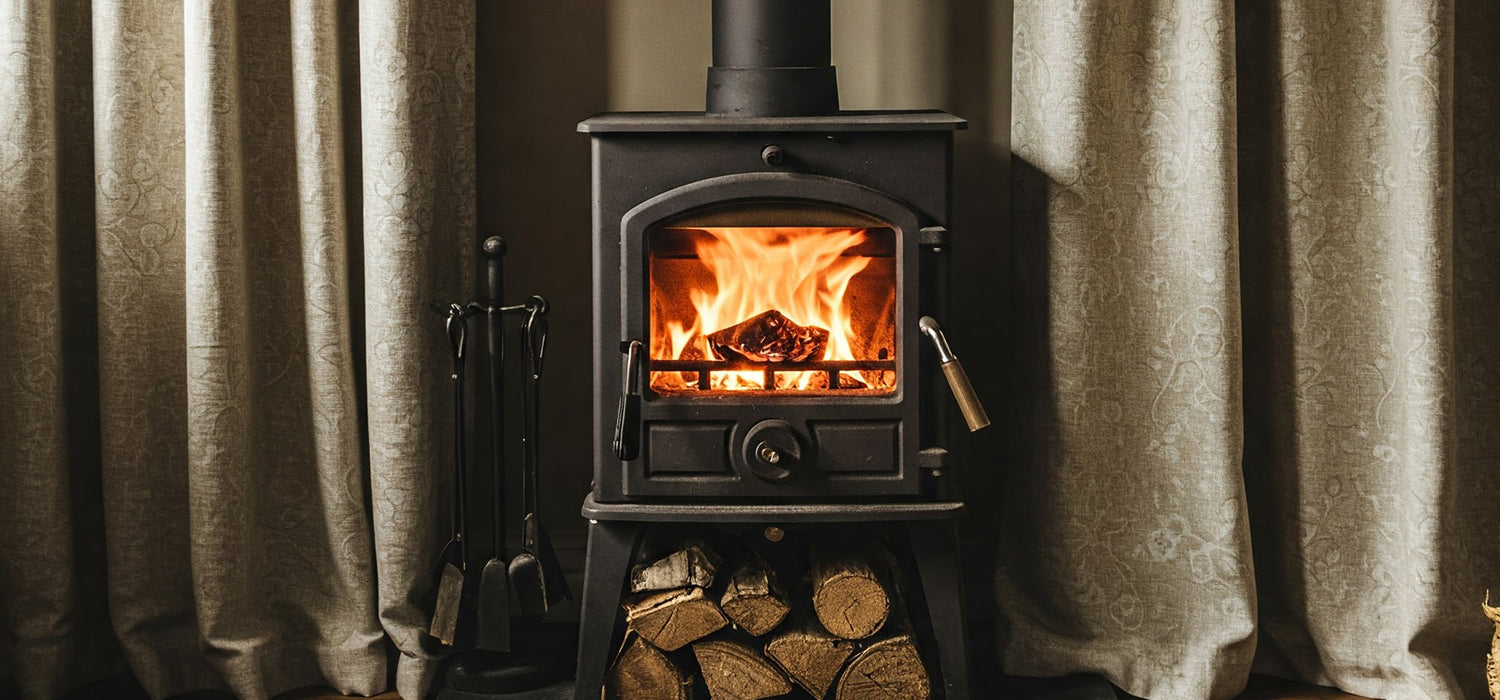 log burner near curtains