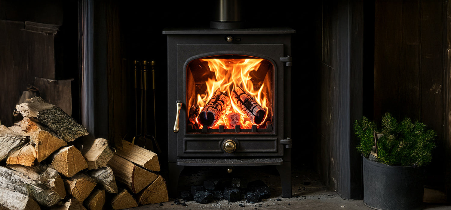 log burner with logs beside