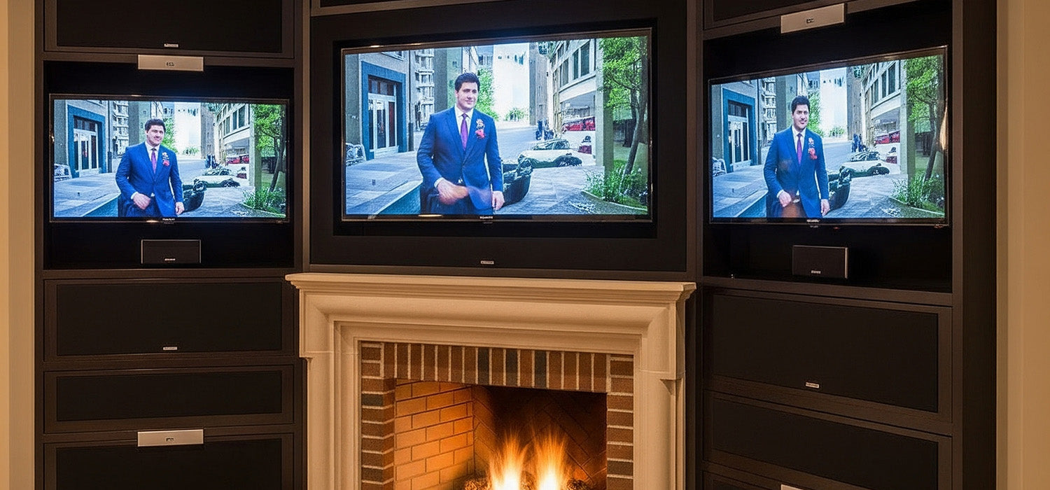 media wall fire around a fireplace