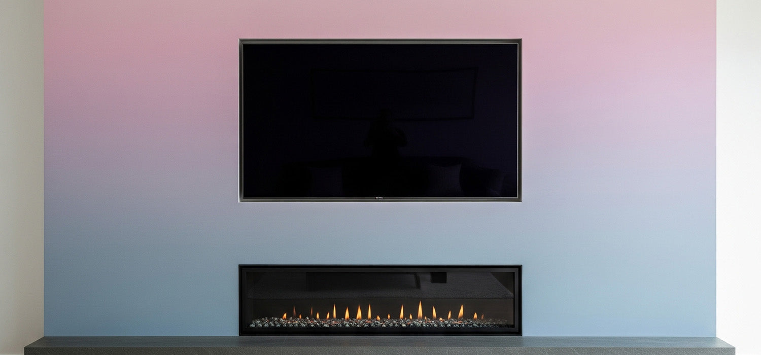 media wall painted with aesthetic color with fireplace below