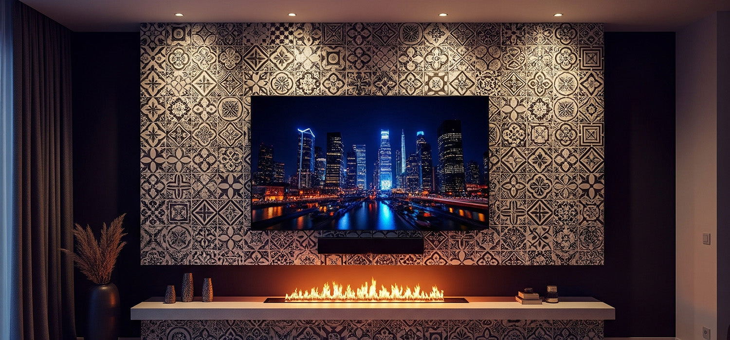 tiled media wall with fire below