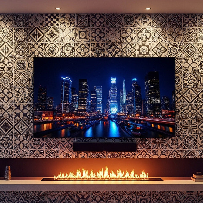 tiled media wall with fire below