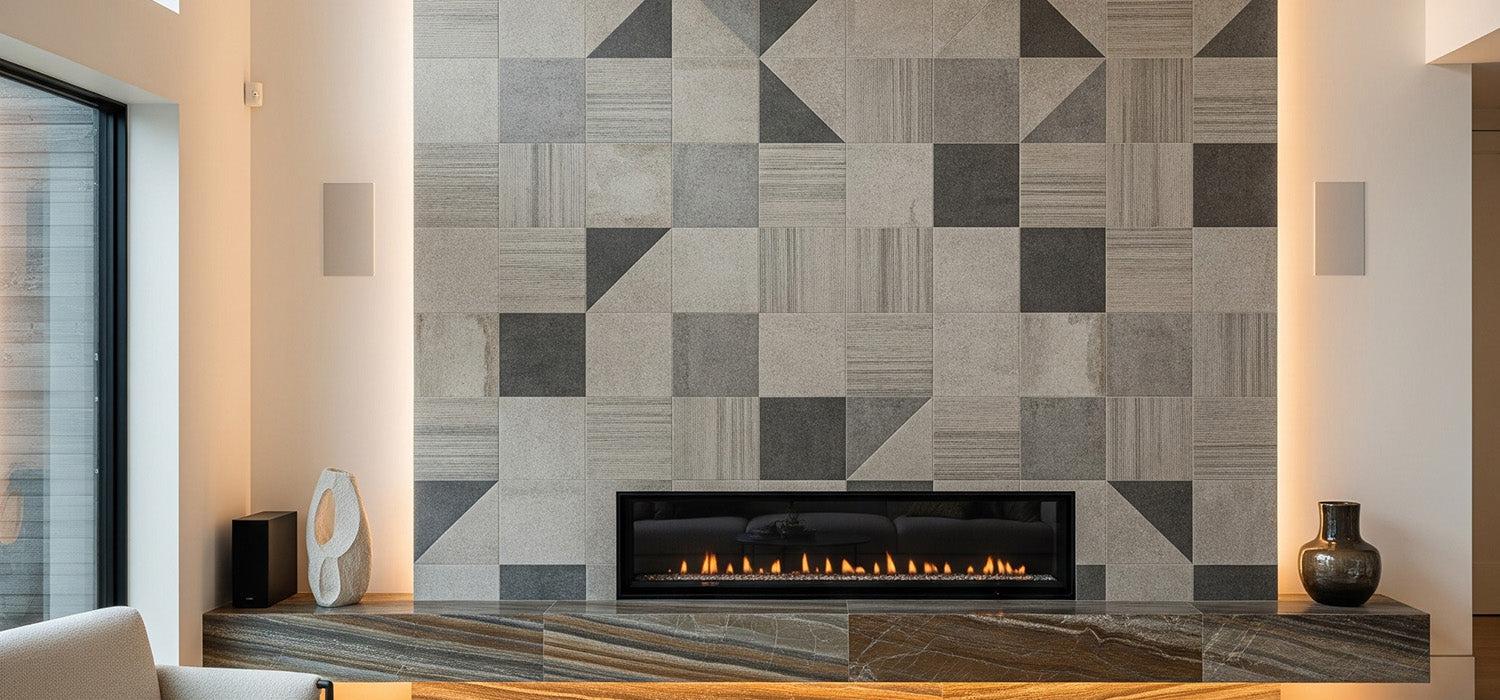 tiled media wall with fireplace below