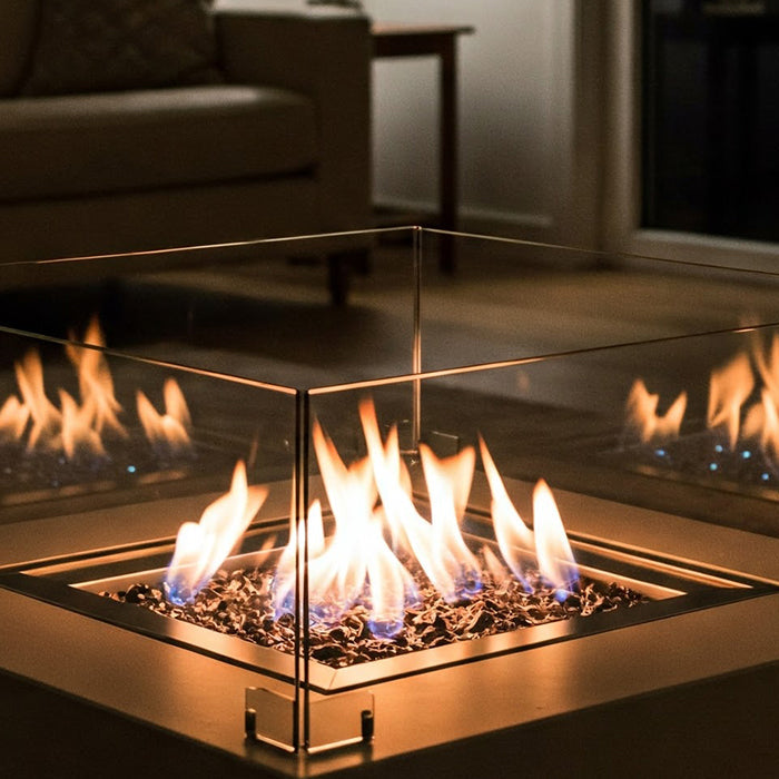 A bioethanol fireplace with flames in a living room.