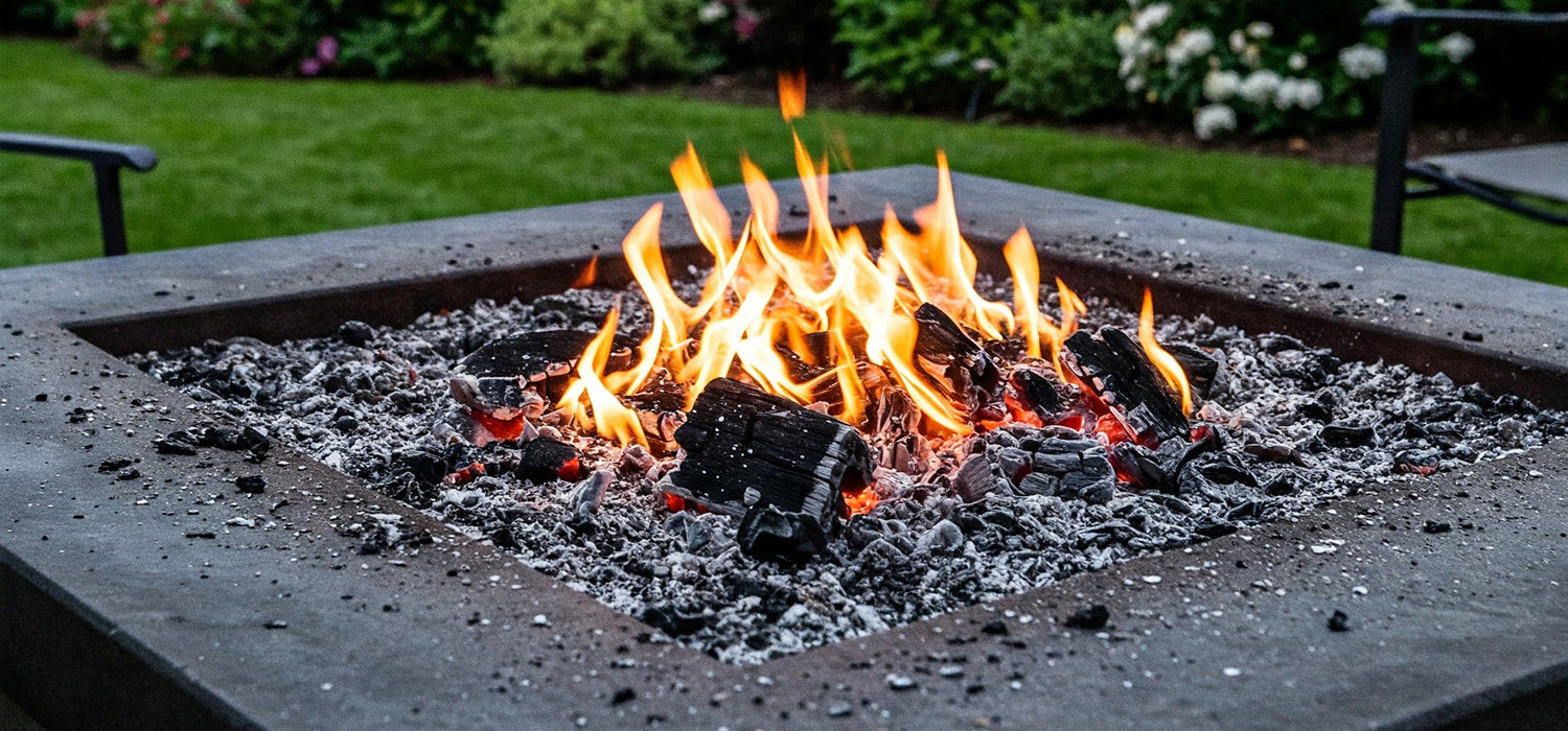 Burning fire pit with ashes