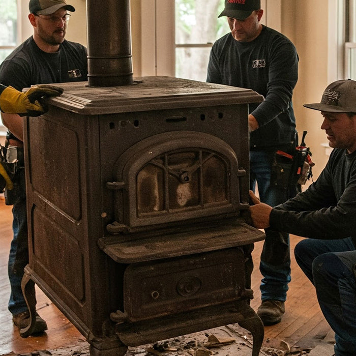 Four workers removing wood stove.