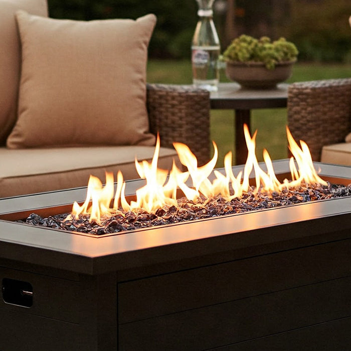 Gas fire pit table burning.