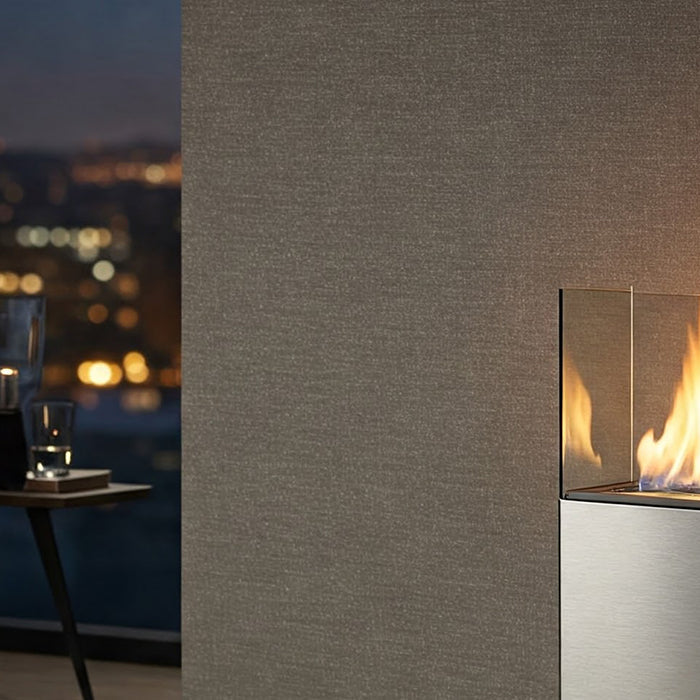 Modern bioethanol fireplace, city view.
