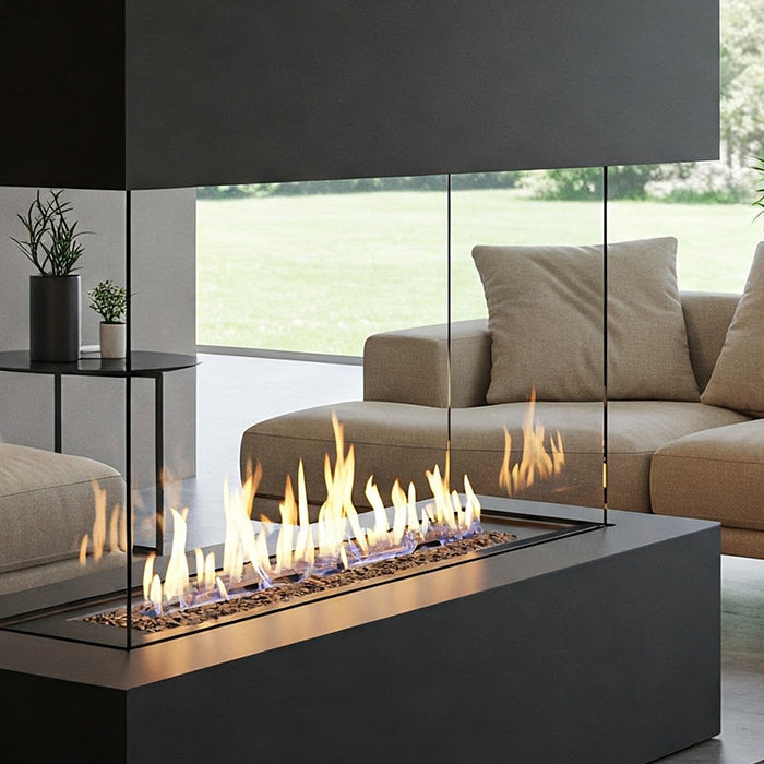 Hanging fireplace, modern living room.