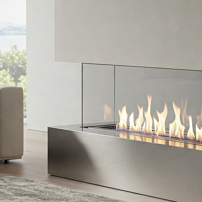 Modern fireplace, bright living room.