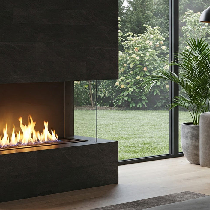 Modern fireplace, gray living room.