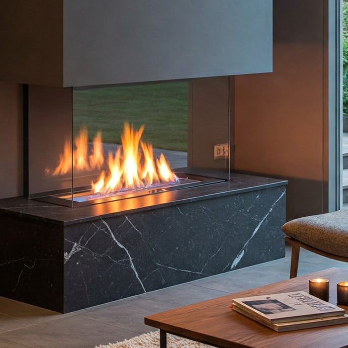 Modern fireplace, living room interior.