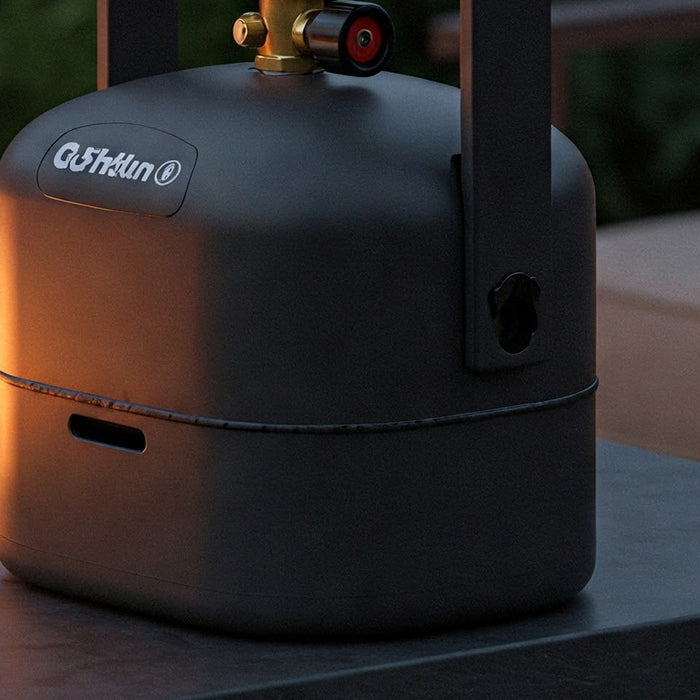 Propane tank fuels fire pit.