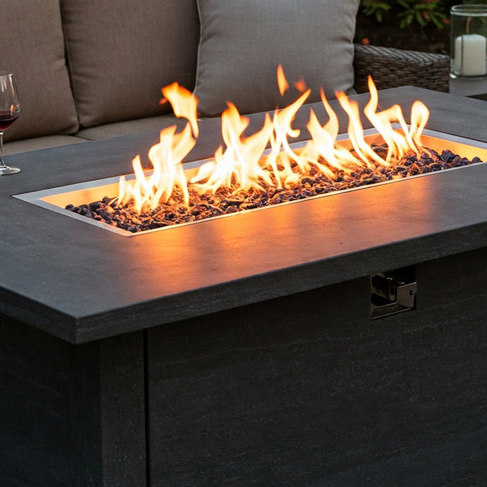 Rectangular fire table with flames.