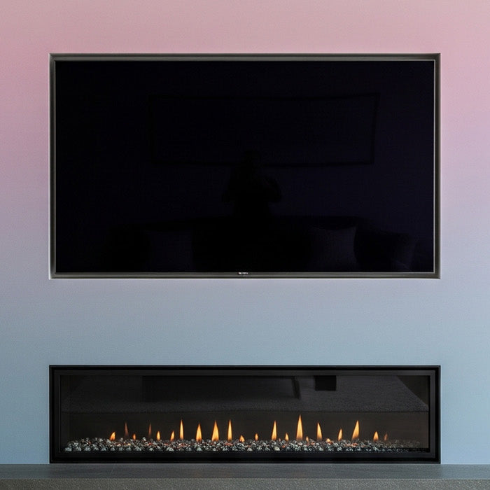 media wall painted with aesthetic color with fireplace below