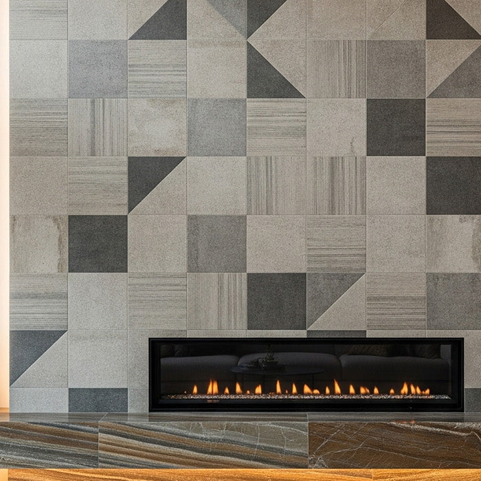 tiled media wall with fireplace below