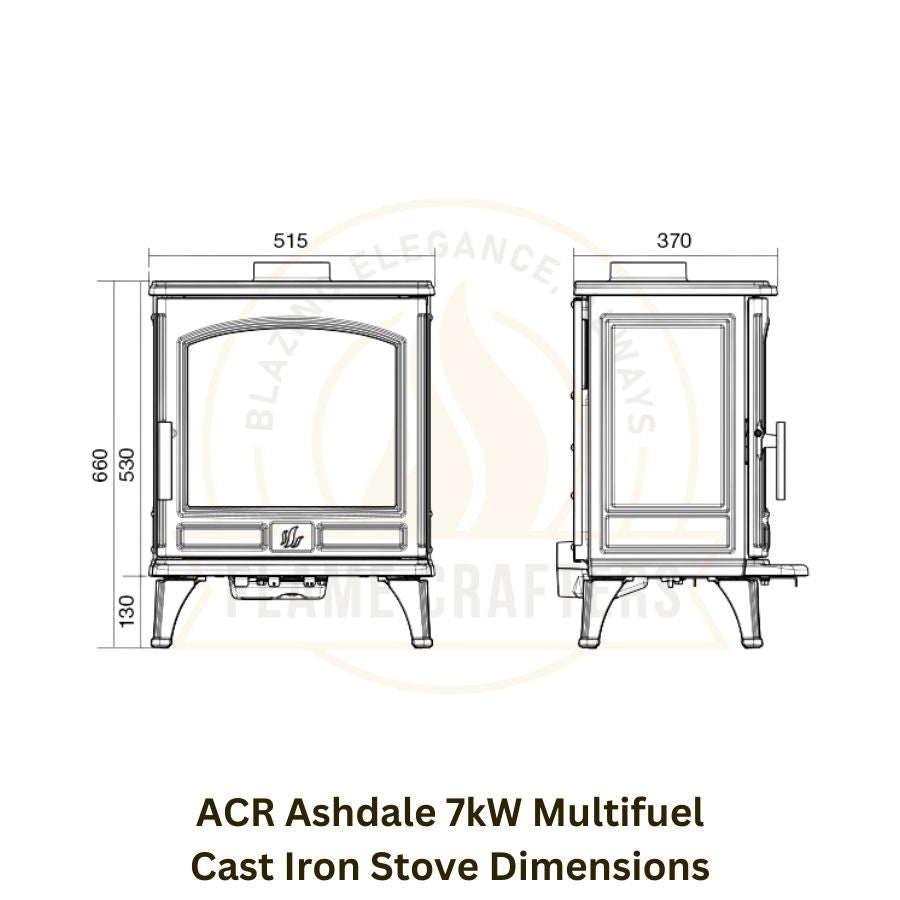 ACR Ashdale 7kW Multifuel Cast Iron Stove Dimensions