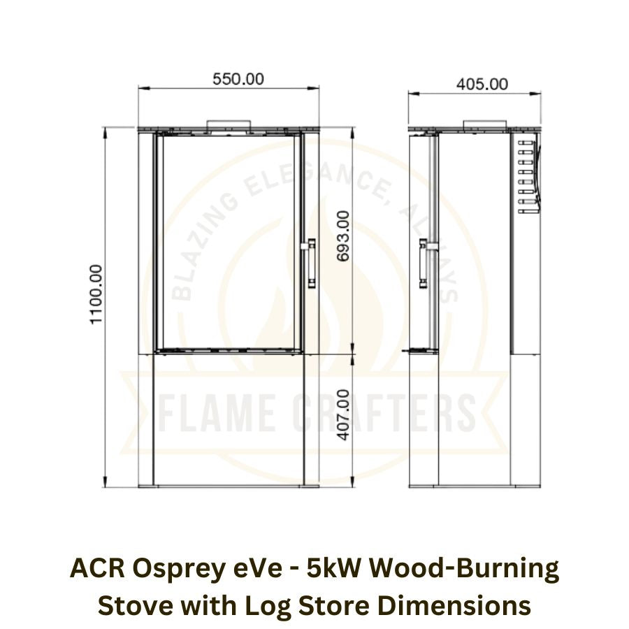 ACR Osprey eVe - 5kW Wood-Burning Stove with Log Store Dimensions