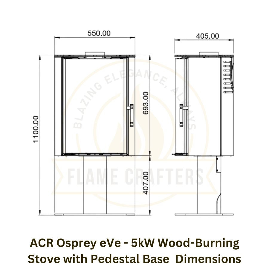 ACR Osprey eVe - 5kW Wood-Burning Stove with Pedestal Base  Dimensions