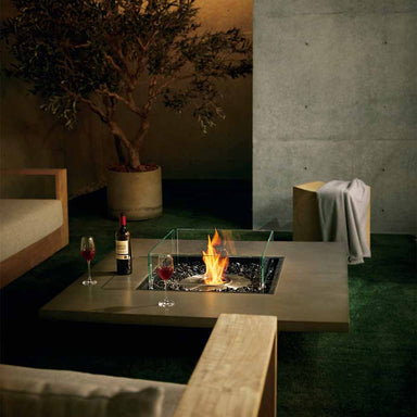 EcoSmart Fire Vertigo 50 Bioethanol Firepit table lit ready for use.