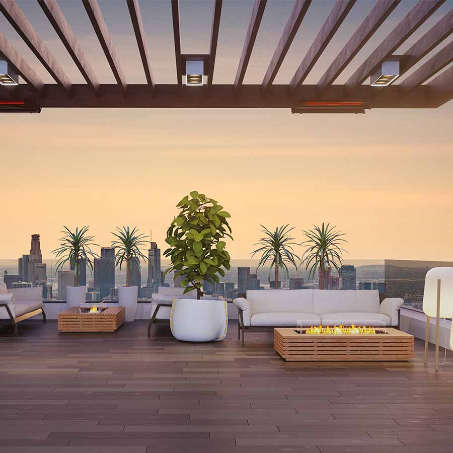 EcoSmart Fire Wharf 65 Teak Finish On rooftop terrace