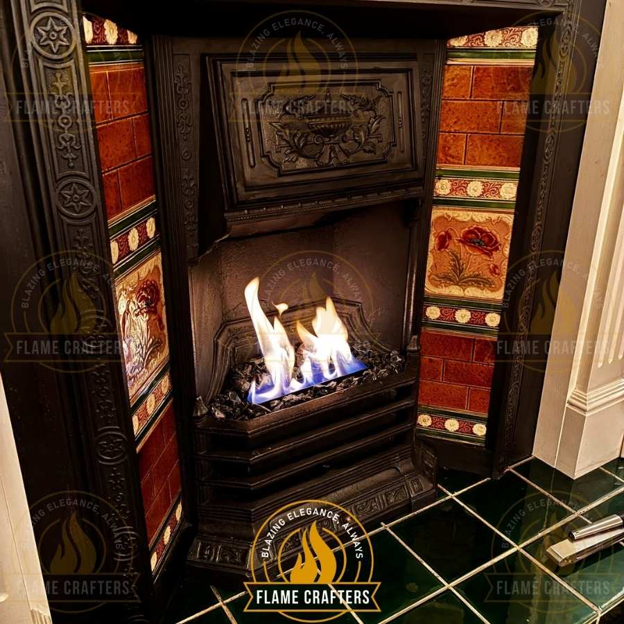 EcoSmart VB2 bioethanol burner in a Victorian fireplace showing real flame