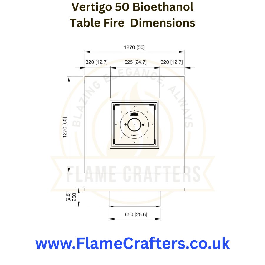 EcoSmart Vertigo 50 Bioethanol Table Fire  Dimensions