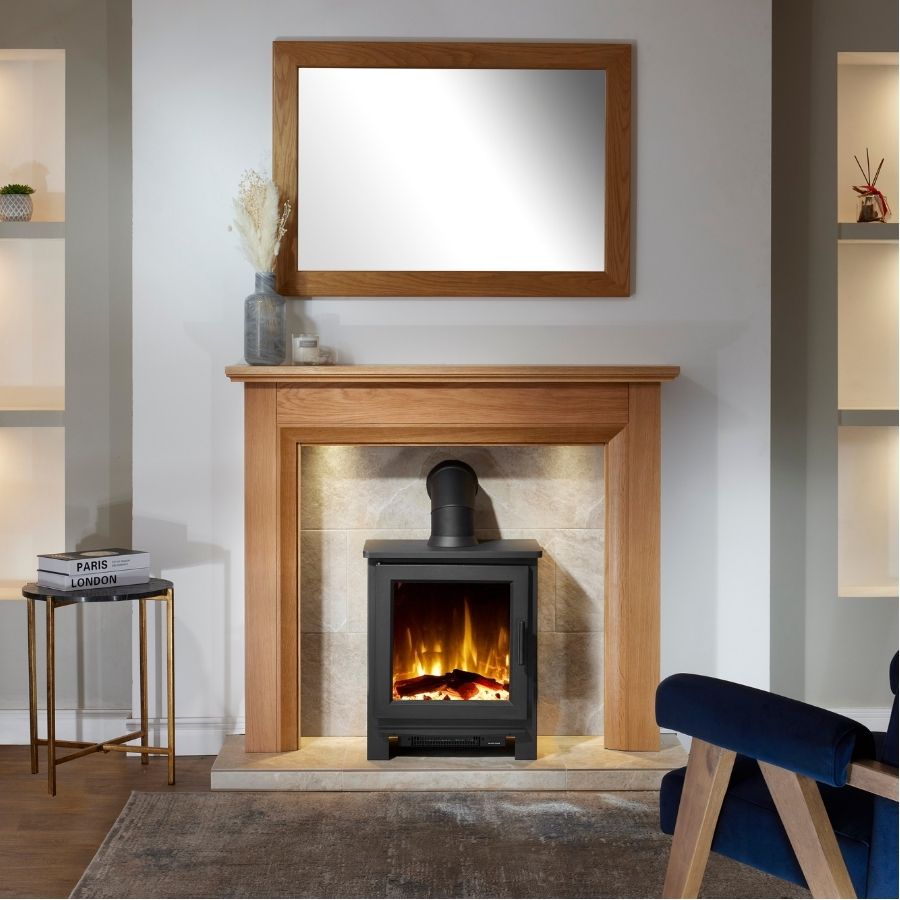 Firetti Mayfair Suite with Firetti Naples Stove with flame on - By OER