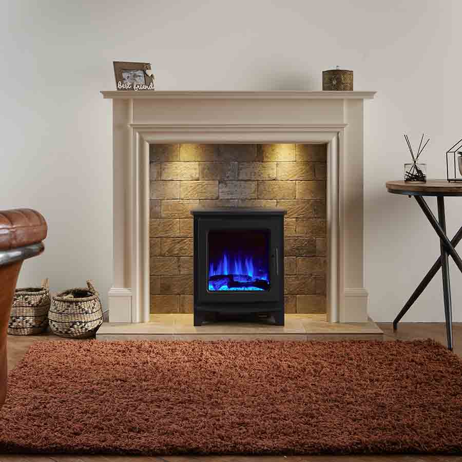 OER Firetti Darwin with Milan Electric Stove Lifestyle Image with Blue Flames