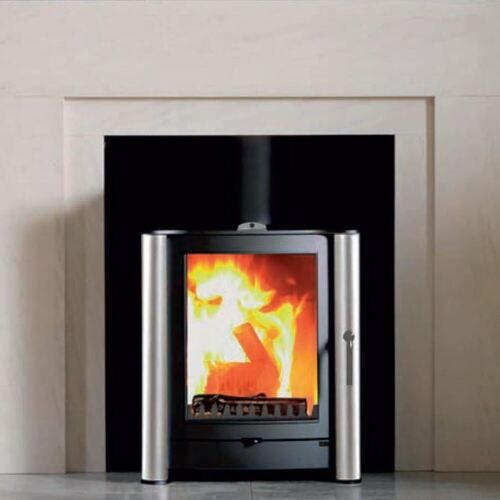 Firebelly FB1 With Brushed Stainless Steel Legs Set Into Limestome Fireplace